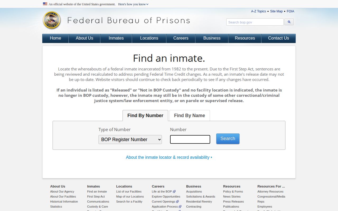 Federal Bureau of Prisons inmate locator form for federal custody checks, without public inmate photos