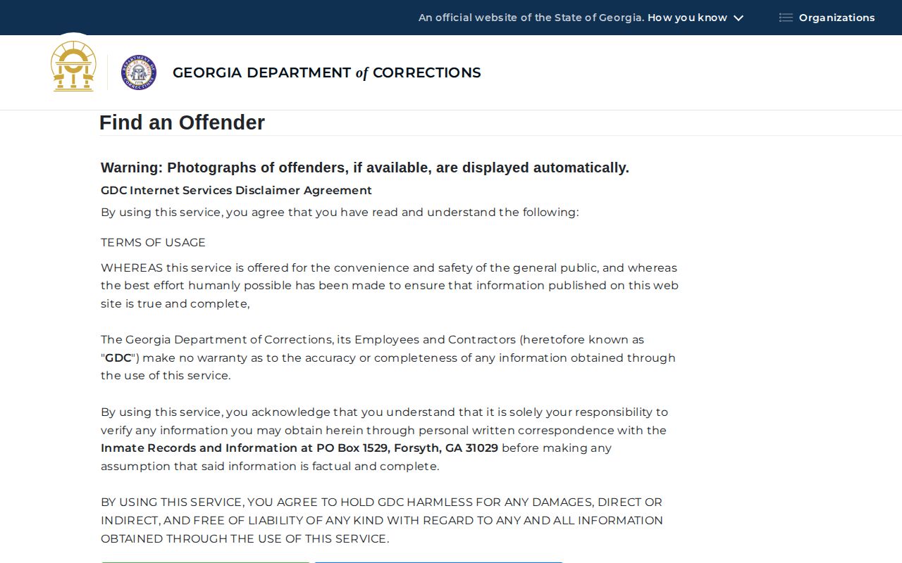 Georgia Department of Corrections offender search form for state custody records and photos