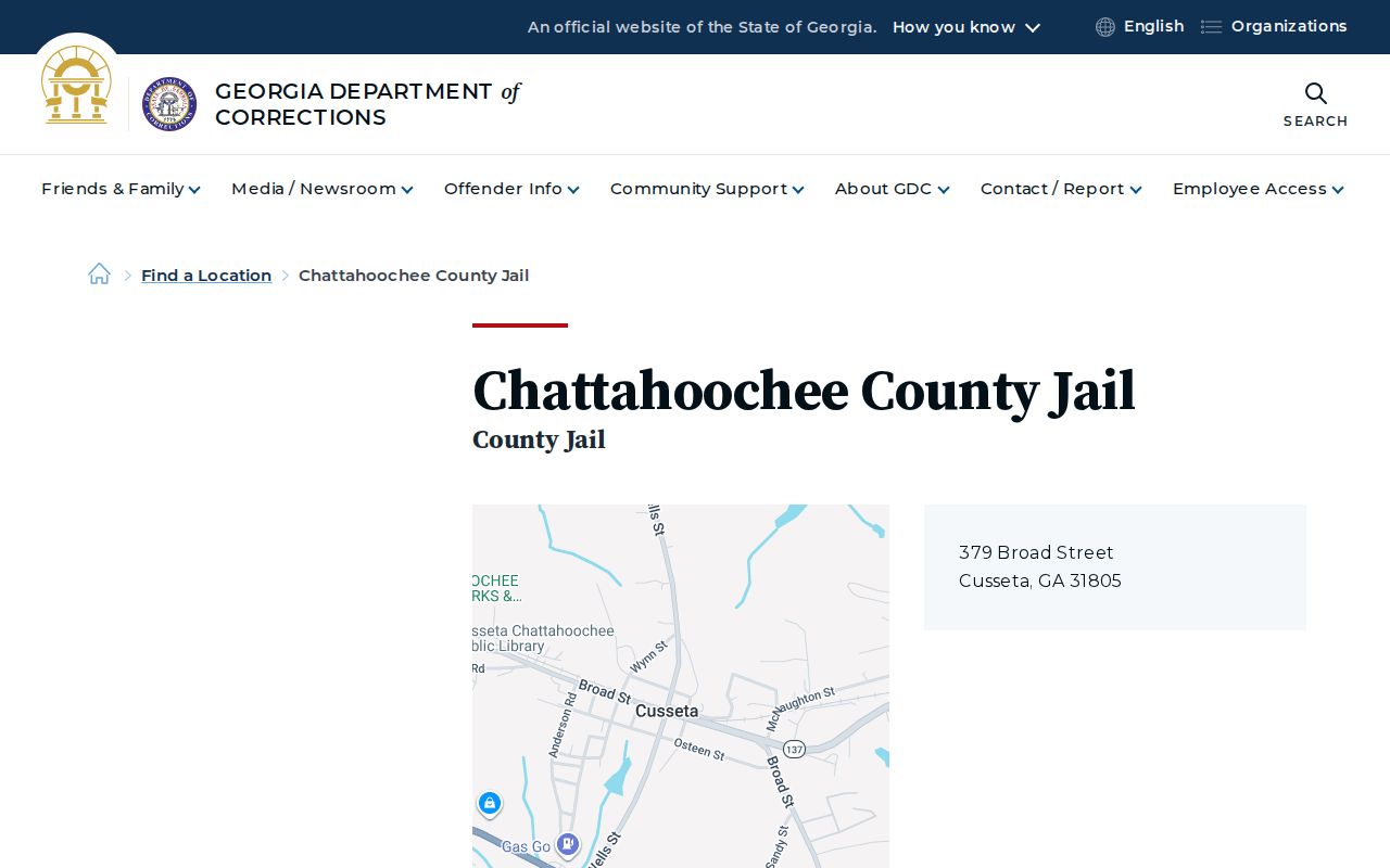 Georgia Department of Corrections Chattahoochee County Jail directory listing for custody records