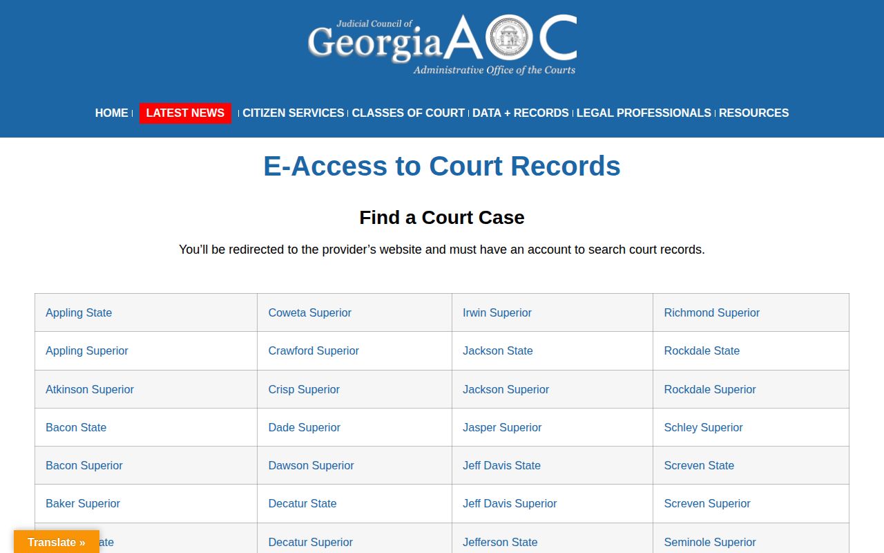Georgia Courts e-access directory for Chattahoochee County court records after booking