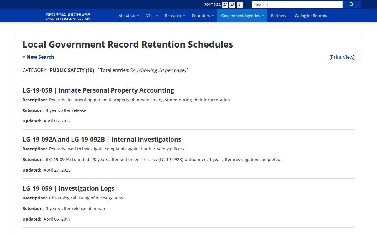 Georgia Archives sheriff and jail records retention schedule relevant to Chattahoochee County booking files