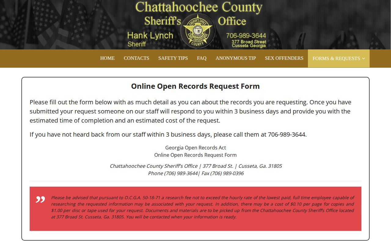 Chattahoochee County Sheriff's Office open-records request form for booking records and photographs