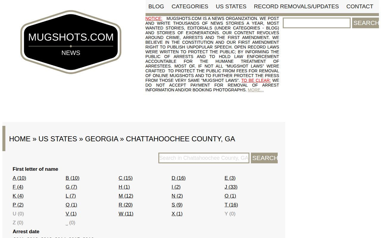 Unofficial Mugshots.com Chattahoochee County booking-record archive used as a Cusseta coverage reference
