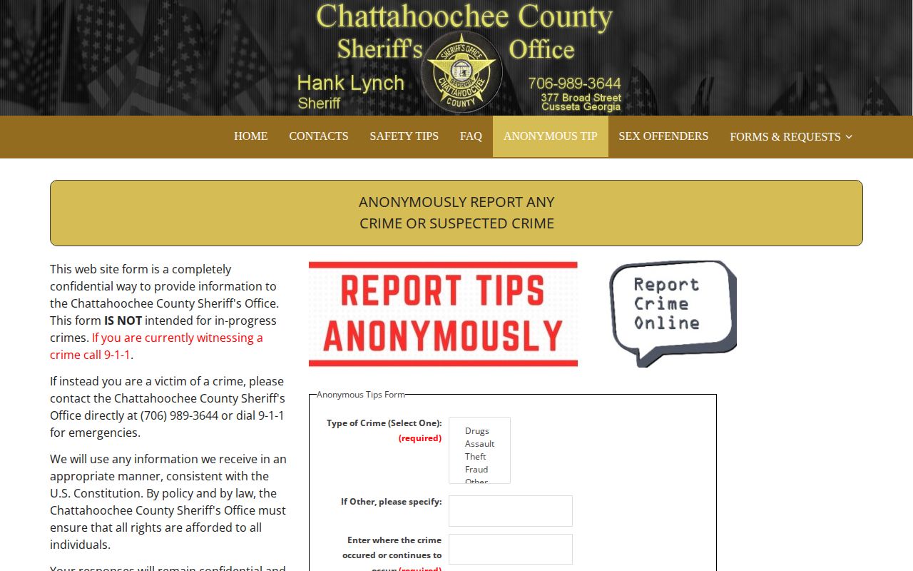 Chattahoochee County Sheriff's Office anonymous reporting form for wanted-person tips and arrest records
