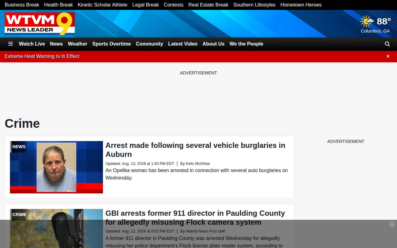 WTVM regional crime-news landing page covering Chattahoochee County incidents